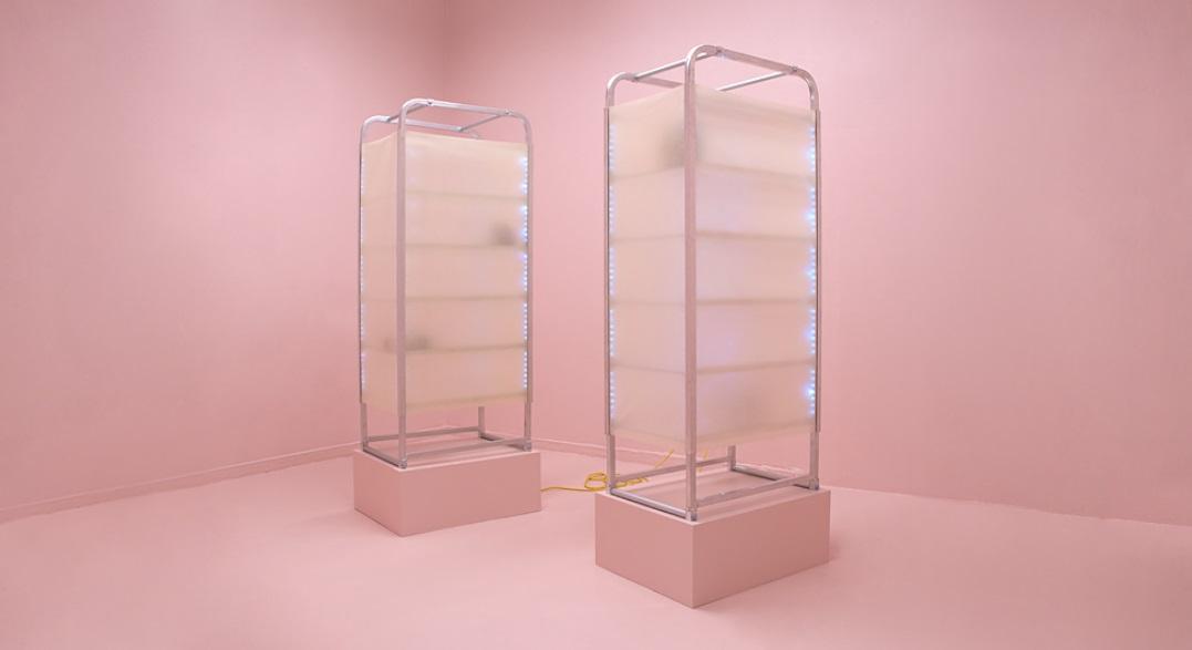 Emily Culver, Labor of Suggestion,Â 2018, Aluminum, wood, latex, steel, LEDs, paint, 180